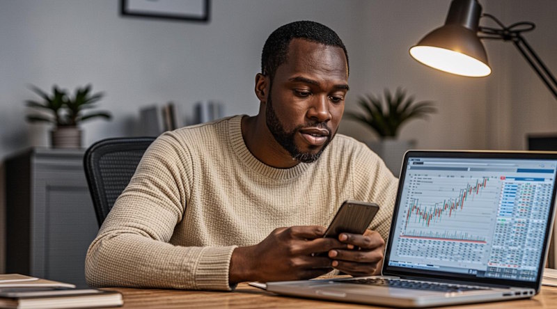Chidi Eze testing betting platforms on multiple devices at his home office in Lagos