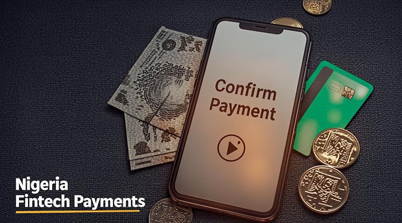 Nigerian fintech payment methods including OPay card, Naira banknotes, and a smartphone with payment confirmation on a dark surface